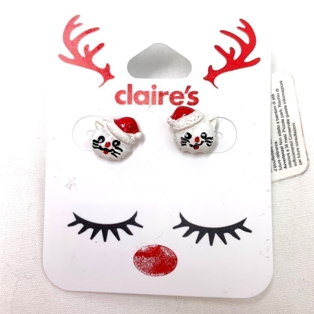 Claire’s Holiday Pierced Earrings-Santa Kitty Cat Studs, Red/White, NWT